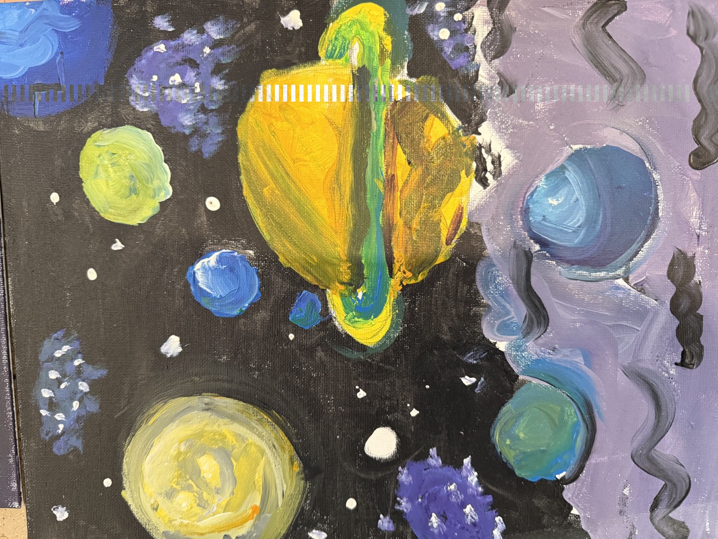 A painting of planets, moons, and stars across a cosmic night sky