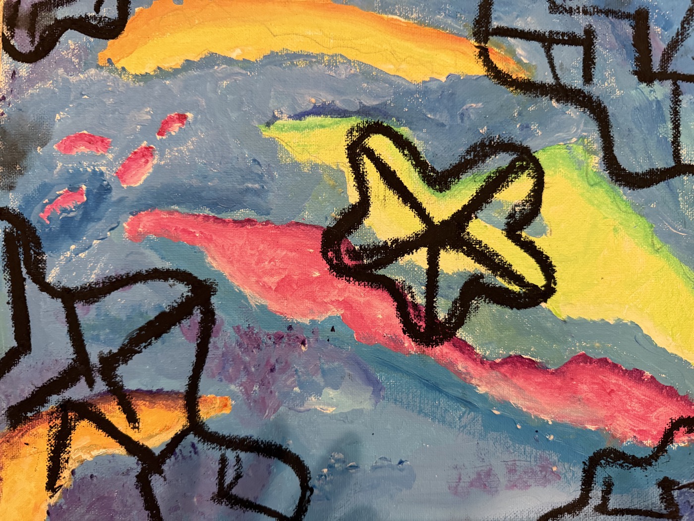 An abstract painting with a bold star and oil-pastel linework