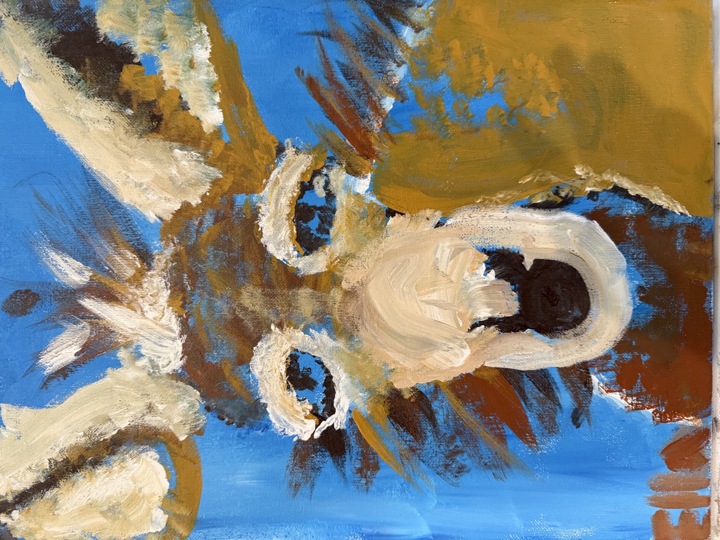 An expressive, painterly study in blues, creams, and warm browns